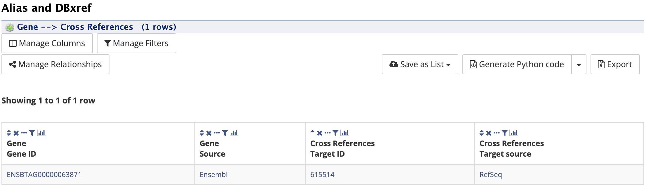 Report page Alias and DBxref section